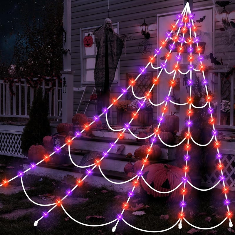 Zivilic Halloween Spider Web Lights 150 LED Lighted Spider Web Giant 16.4 Ft Halloween Decorations Light up with 8 Lighting Modes Waterproof & Timer Outdoor Indoor Yard Haunted House Decor, Purple & Orange - Image 1